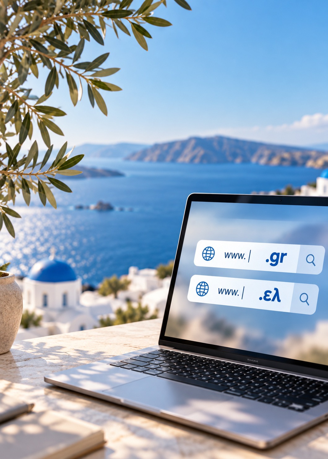 Laptop με ονόματα χώρου .gr και .ελ με θέα τη Σαντορίνη