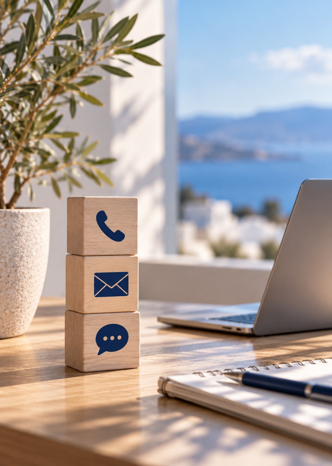 Σύμβολα τηλεφώνου, email και συνομιλίας δίπλα σε laptop